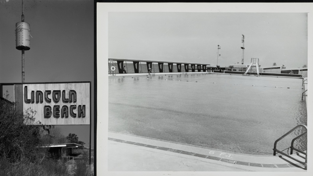 Side-by-side publicity photos for Lincoln Beach: at left, the entrance sign reading "Lincoln Beach" in tall lettering. At right, a view of the beachside pool, with lakefront behind it.