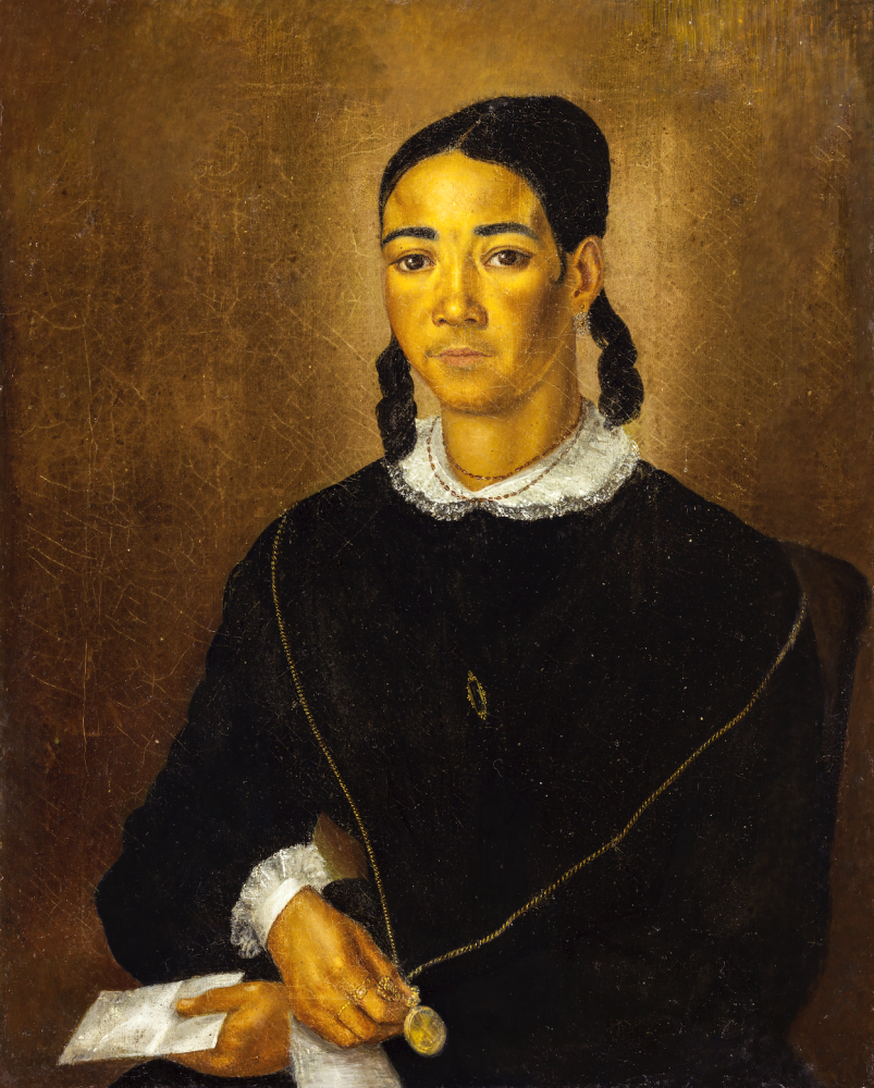 Bust-length oil painting portrait of a 19th-century free woman of color wearing a black dress, white collar, and long delicate gold chain necklace