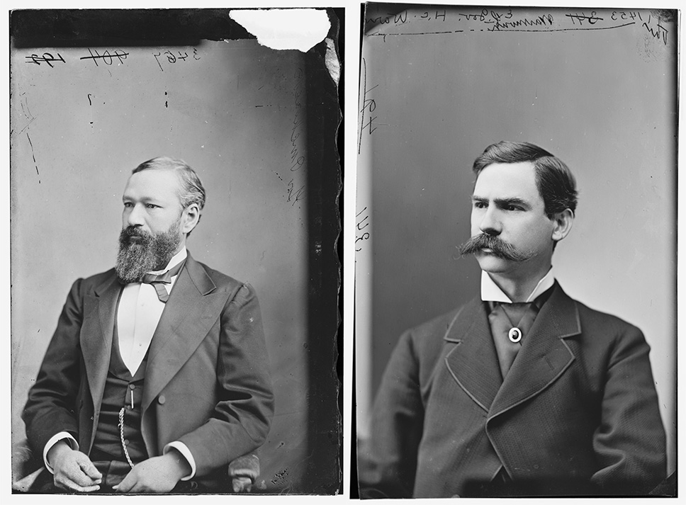 Two black-and-white photographs. At left, P.B.S. Pinchback is posed seated an looking to his right. At right, Governor Henry Clay Warmoth is posed seated and looking to his right.