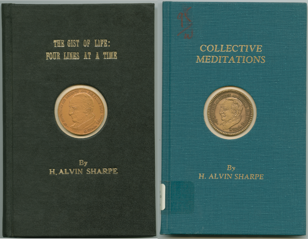 Sharpe poetry books; (left) The Gist of Life: Four Lines at a Time, published in 1974, (right) Collected Meditations, published in 1979