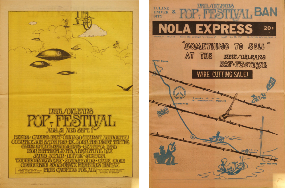 Left: full-page newsprint ad for the New Orleans Pop Festival, depicting a fleet of peace sign-covered zeppelins against a yellow sky. Right: cover of NOLA Express magazine, depicting a hand-drawn map of Southern Louisiana locating the New Orleans Pop Festival