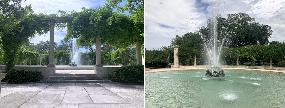 Two images of Popp Fountain. At left, the fountain is seen from a distance through vine-covered columns. At right, the fountain is seen from a different angle with no columns obstructing it.