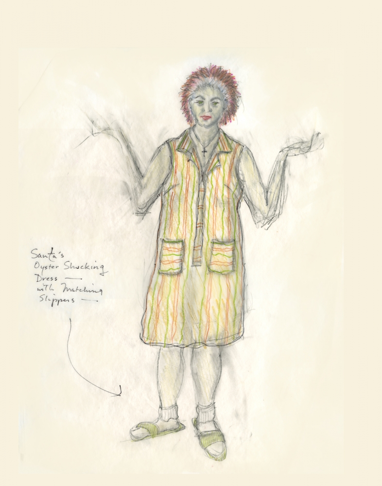 Costume drawing for Santa Battaglia wearing a striped shift, white socks, and sandals