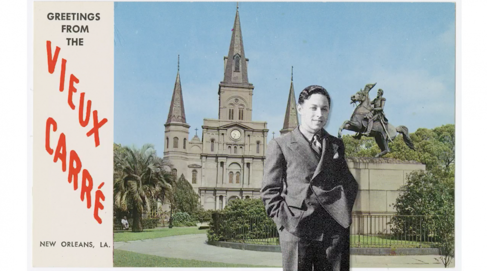 Young Tennessee Williams superimposed over vintage postcard of Jackson Square, French Quarter, New Orleans