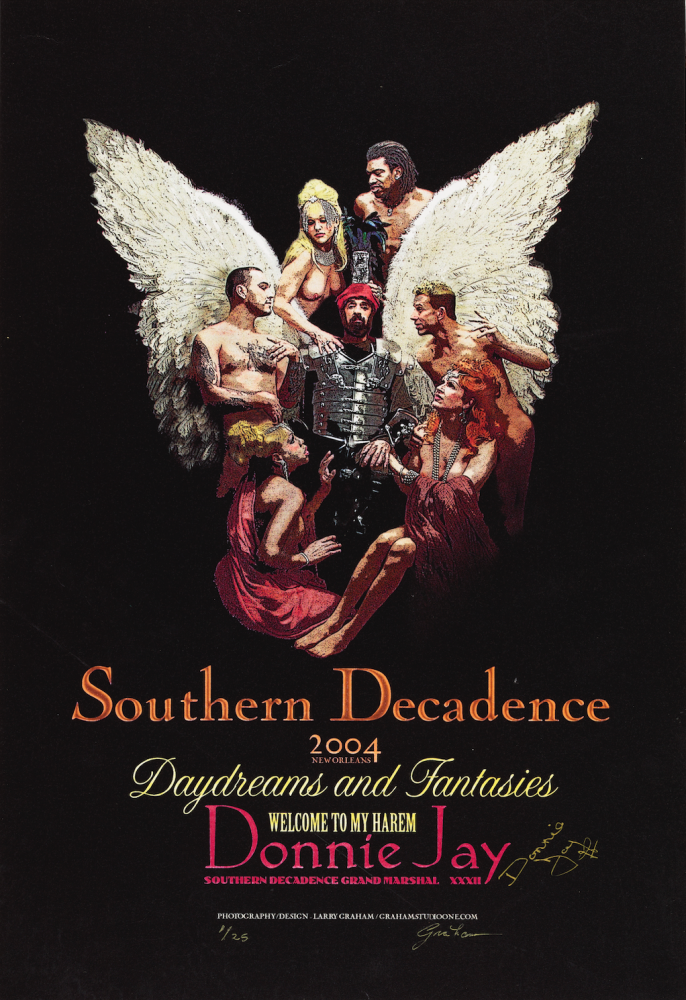 Poster for Southern Decadence featuring six people arranged around large angel wings