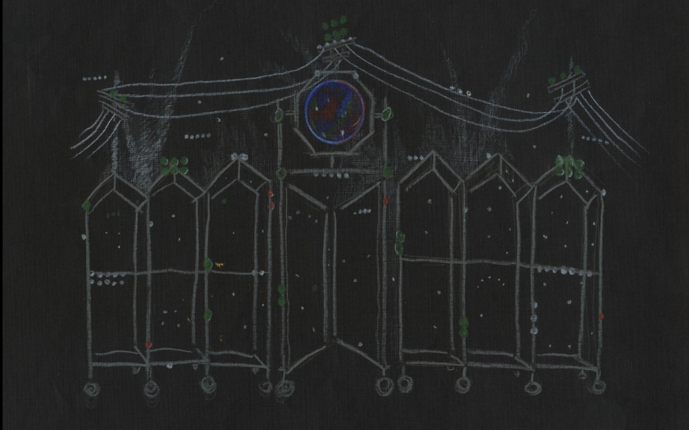 Stage set drawing in chalk on black paper, showing Gothic arches, power lines strung like bunting, and a blue orb in the center