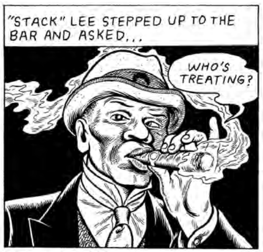 Comic panel illustrating Stagger Lee wearing a Stetson hat with a cigar in his mouth