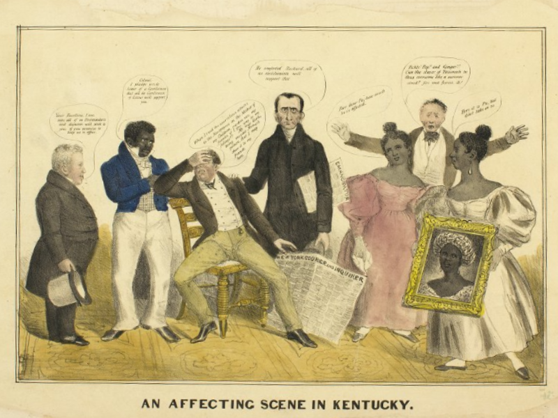A drawing from a political comic about Richard Mentor Johnson. Johnson sits in the middle and is obviously distressed. To his right, his two daughters are holding a portrait of their mother. All three of the women are depicted with exaggeratedly Black features.