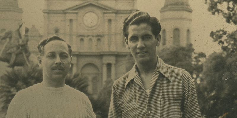 Tennessee Williams (left) with his partner Pancho Rodriguez y Gonzalez (right) in Jackson Square, ca. 1945. 