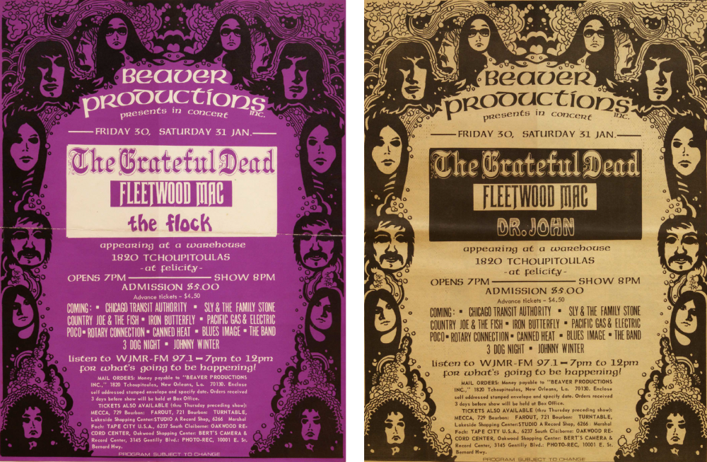 Two ads for the opening weekend of the Warehouse music venue. Left: purple background listing headliners the Grateful Dead, Fleetwood Mac, and the Flock. Right: black and white coloring listing headliners the Grateful Dead, Fleetwood Mac, and Dr. John