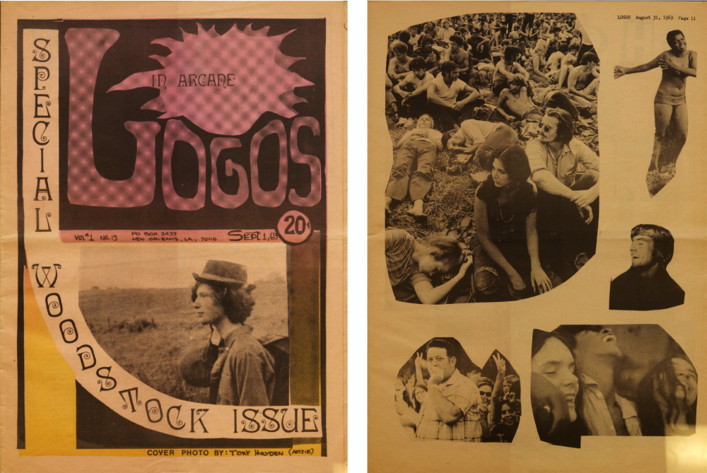 Left: cover of In Arcane Logos magazine from Sept. 1, 1969. Features a young man in a hat staring across a field. Headline reads, "Special Woodstock Issue." Right: interior photo layout of images from Woodstock.