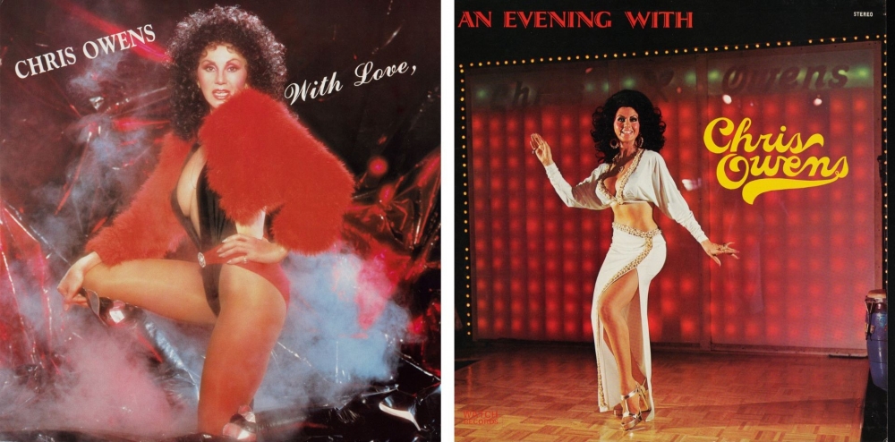 Album covers for "Chris Owens With Love" and "An Evening with Chris Owens." On both covers, a dark-haired woman poses for the camera.