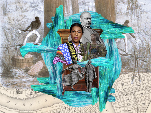 A collage made from maps, portraits, and drawings.