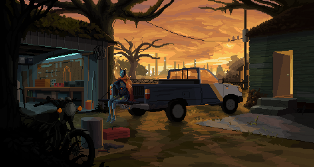 Image courtesy of Geography of Robots/Raw Fury. Another scene from the video game Norco shows residents outside a house that stands in the shadow of the nearby refineries. 