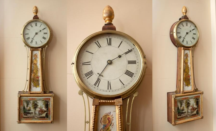 Composite image of a banjo clock hanging on a wall.