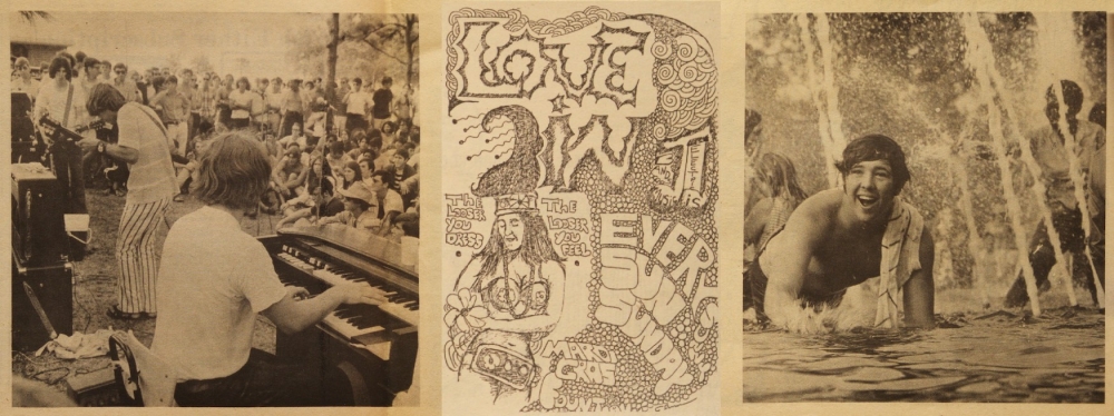 Triptych of love-in images. Left: band playing in front of a crowd. Center; pen-and-ink graphic advertising the love-ins, featuring a hippie girl and flowery lettering. Right: photograph of a young man diving into Mardi Gras Fountain