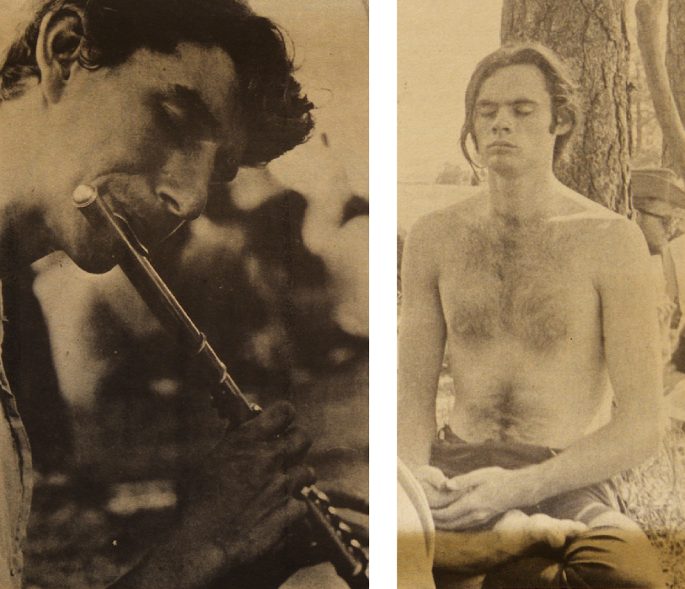 Two images on newsprint from the love-ins. Left: close-up of a man playing the flute. Right: man sitting cross-legged against a tree, seemingly meditating with eyes closed