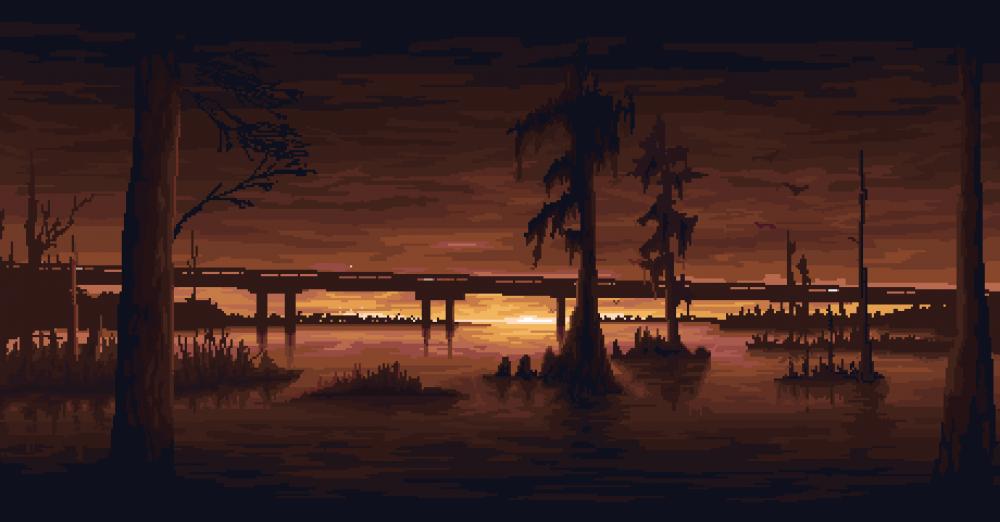 Image courtesy of Geography of Robots/Raw Fury) Scene from the Norco video game showing cypress tress in a marshland at sunset.