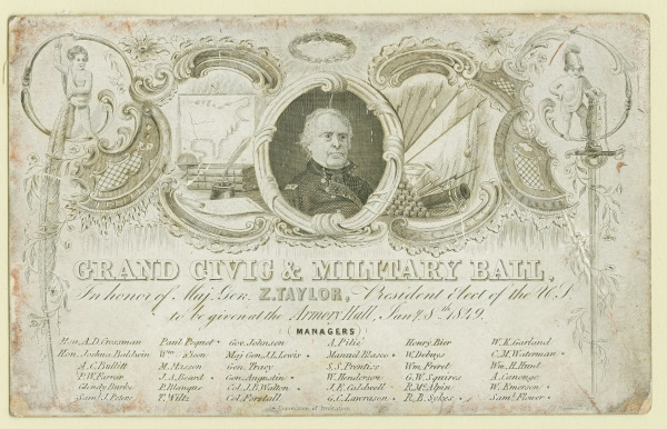 Engraved invitation with a portrait of President Zachary Taylor framed in swirls and crowned with a laurel wreath