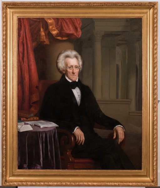 Portrait of former president Andrew Jackson, seated and in civilian clothing.