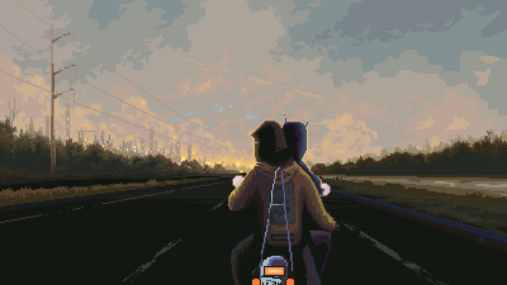 Image courtesy of Geography of Robots/Raw Fury. Picture shows a scene from the Norco video game showing rider on a motorcycle driving a stretch of highway. On the driver's left is a row of industrial buildings.