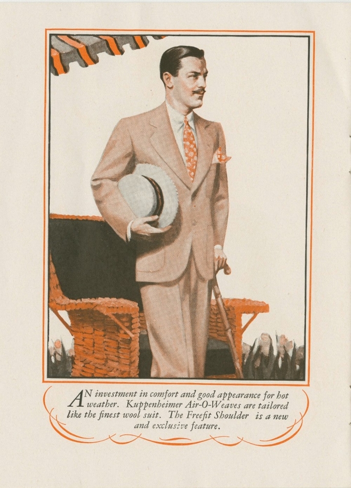 Brochure illustration of a man wearing a tan wool suit holding a porkpie hat and cane, standing up in front of a wicker lawn chair