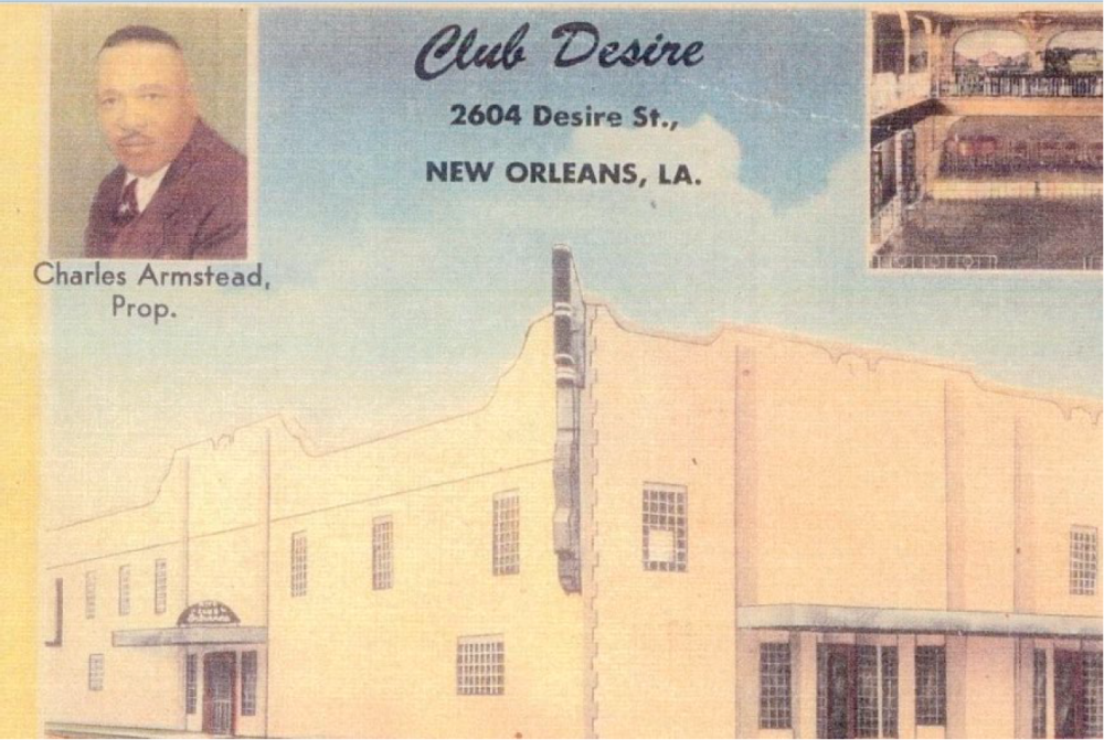 Postcard advertisement for Club Desire, featuring an illustration of the building