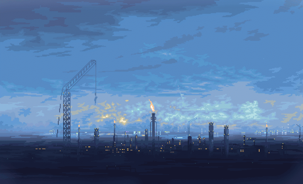 Image courtesy of Geography of Robots/Raw Fury. Scene from the video game Norco depicts the industrial landscape at twilight. Smoke stacks and cranes reach into the sky, which is illuminated by orange flames and interior lights of the many buildings.