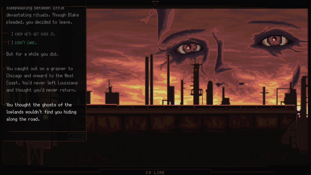 Image courtesy of Geography of Robots/Raw Fury) In this scene from the video game Norco, the viewer sees a message on the left and a scene of a large industrial facility with a red-orange glow. A face can be seen in the sky, almost ghost-like.
