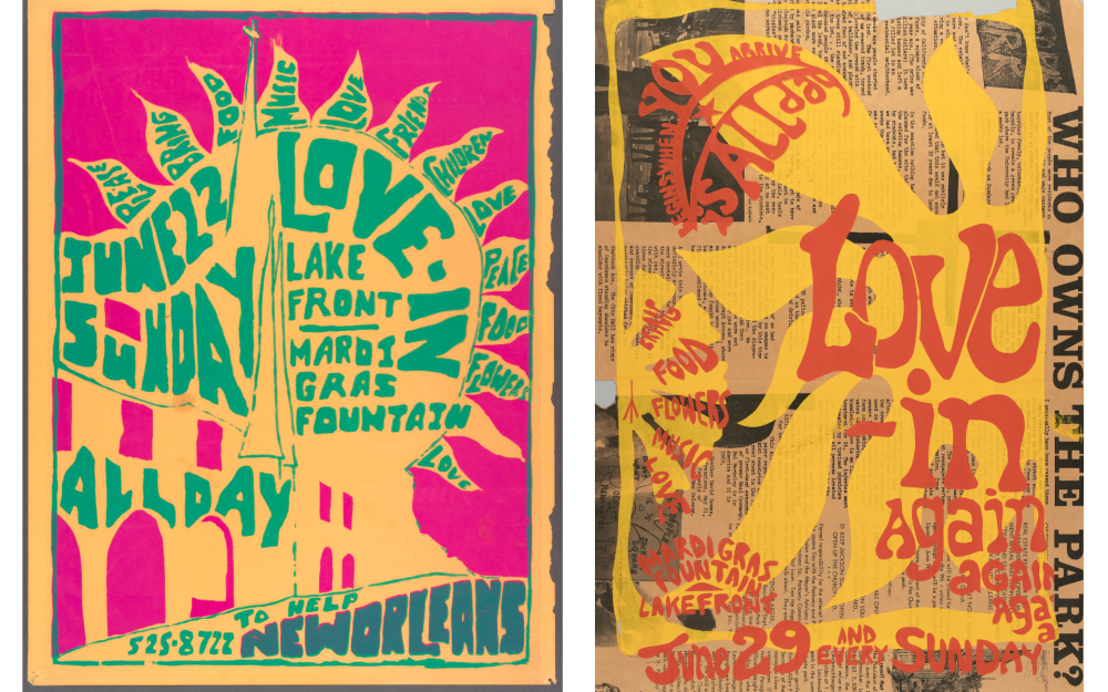 Two posters advertising the love-ins at Mardi Gras Fountain. Left: pink psychedelic lettering with teal and yellow accents. Right: red lettering against yellow frame and accents.