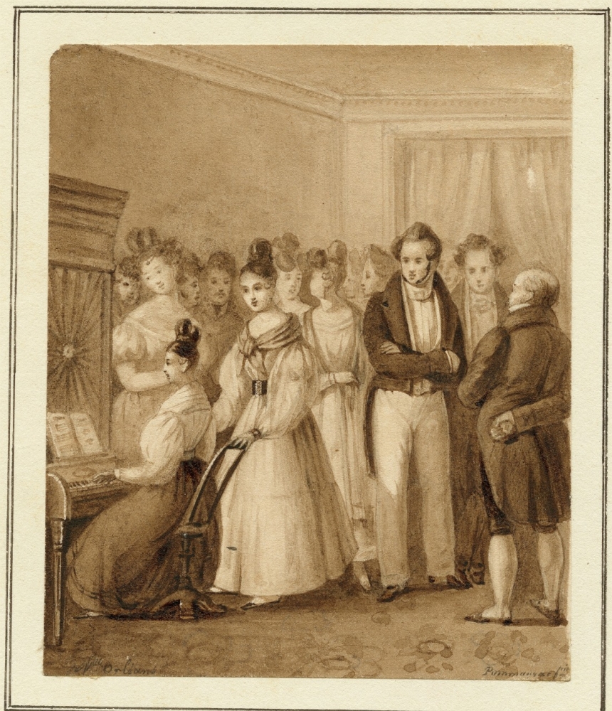 Illustration of several men and women standing near a seated woman playing a keyboard instrument.