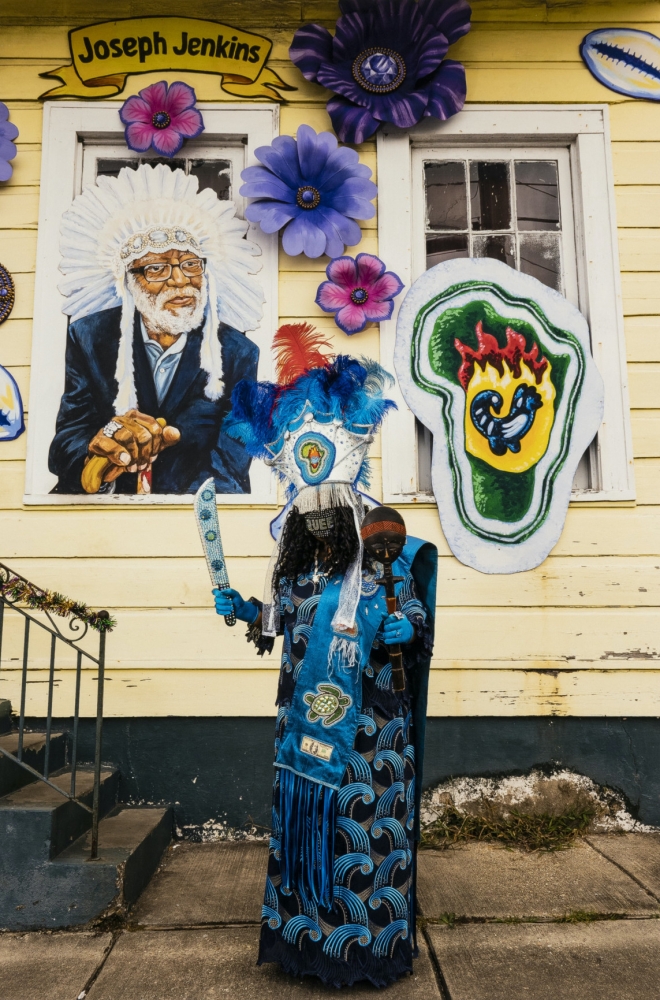 Image of Cherice Harrison-Nelson in her Big Queen Mardi Gras Indian dress outside a house float in 2021. Image by Ryan Hodgson-Rigsbee