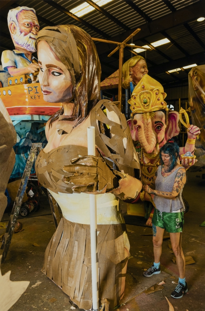 This 2016 full color photograph by Ryan Hodgson-Rigsbee shows a woman constructing a papier-mache float at Royal Artist Studios in New Orleans. 