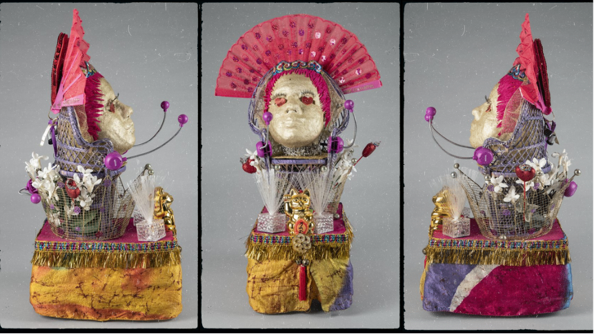 Three views of a colorful mini float depicting Leigh "Little Queenie" Harris.