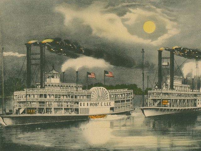 Two steamboats race on the Mississippi river