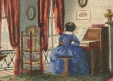 Painting of a woman seated at a piano.